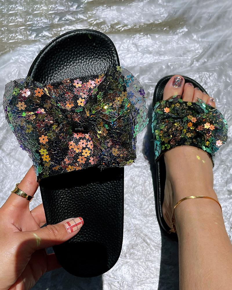 

Ditsy Floral Mesh Bowknot Decor Slippers, Black