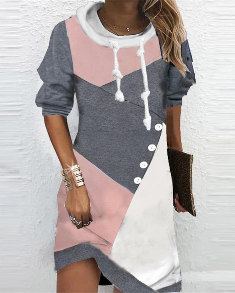 

Colorblock Hooded Long Sleeve Casual Dress, Multicolor
