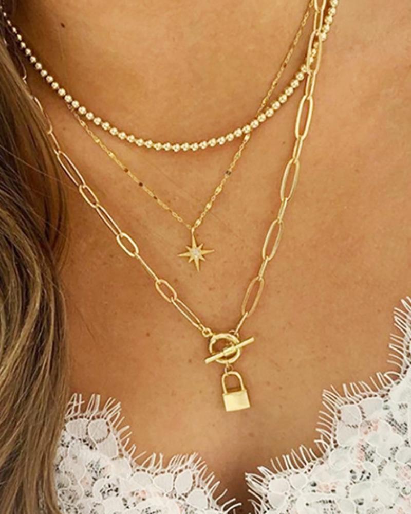 

Lock & Star Studded Pendant Layered Necklace, Gold