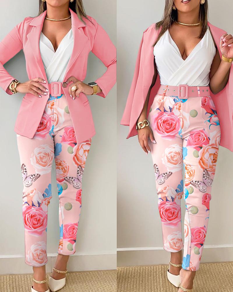 

Notched Collar Blazer Coat & Floral Print Pants Set, Pink