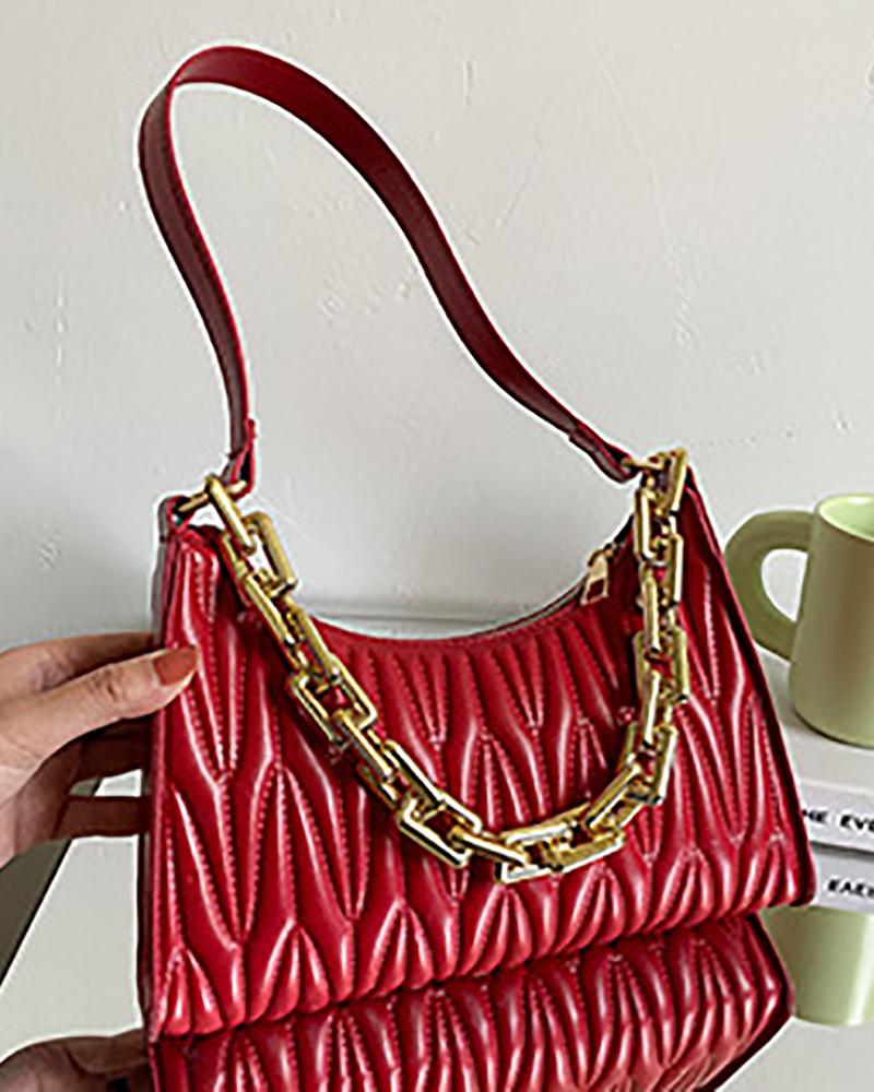 

Chain Decor Quilted Baguette Bag, Red