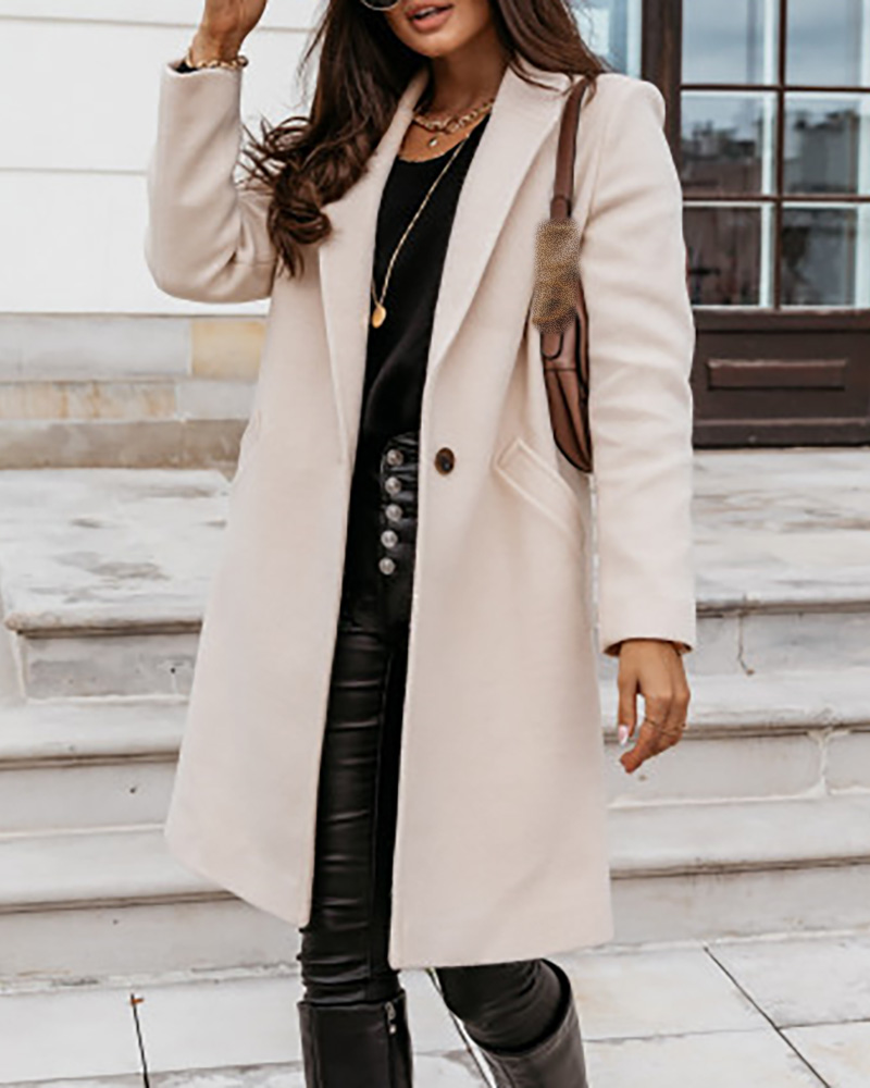 

Pockets Design Buttoned Solid Casual Longline Coat, Beige