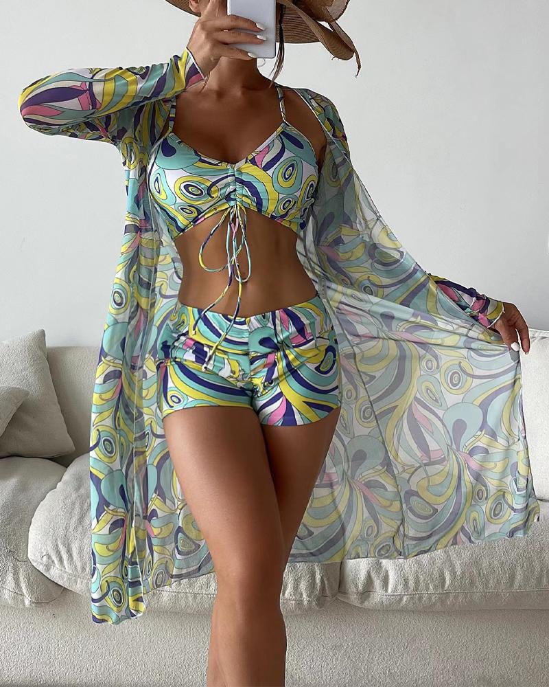 

3PCS Abstract Print Drawstring Bikini Set With Cover Up, Light green