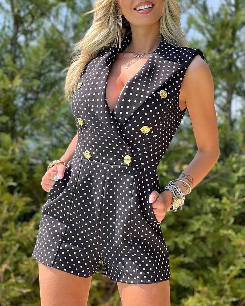 

Polka Dot Print Button Pocket Design Work Romper, Black