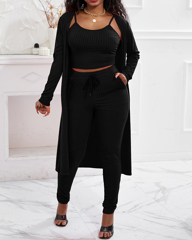 

3PCS Ribbed Cami Top & Pants Set With Longline Coat, Black