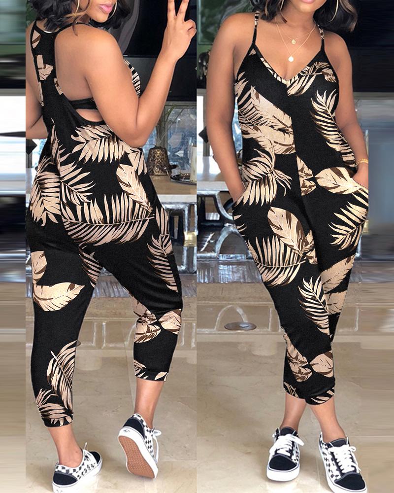 

Tropical Print Pocket Design Spaghetti Strap Jumpsuit, Black