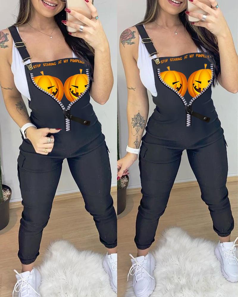 

Halloween Pumpkin Print Suspender Jumpsuit, Black