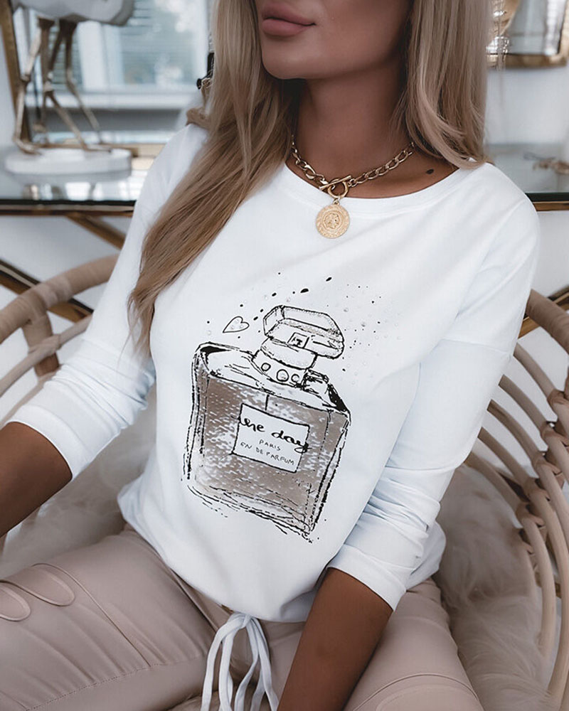 

Long Sleeve Graphic Print Drawstring Sweatshirt, White