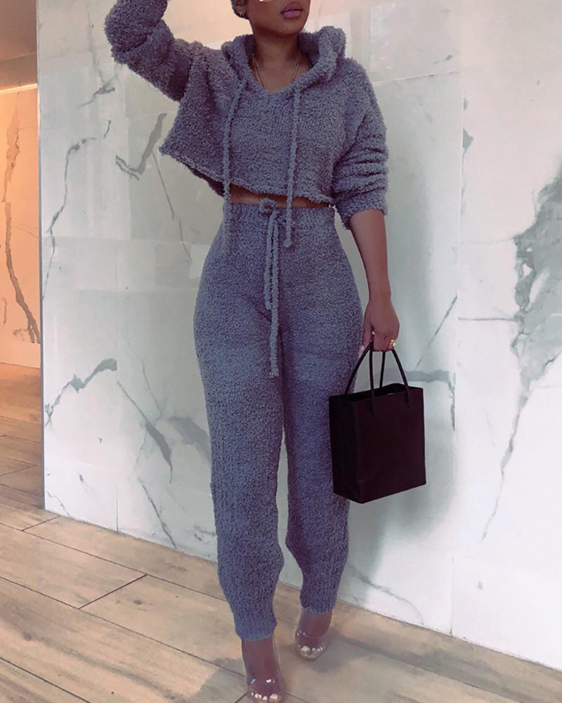 

Long Sleeve Hooded Teddy Top & High Waist Pants Set, Gray