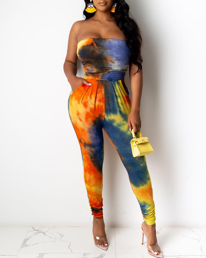 

Bandeau Tie Dye Print Ruched Jumpsuits, Orange