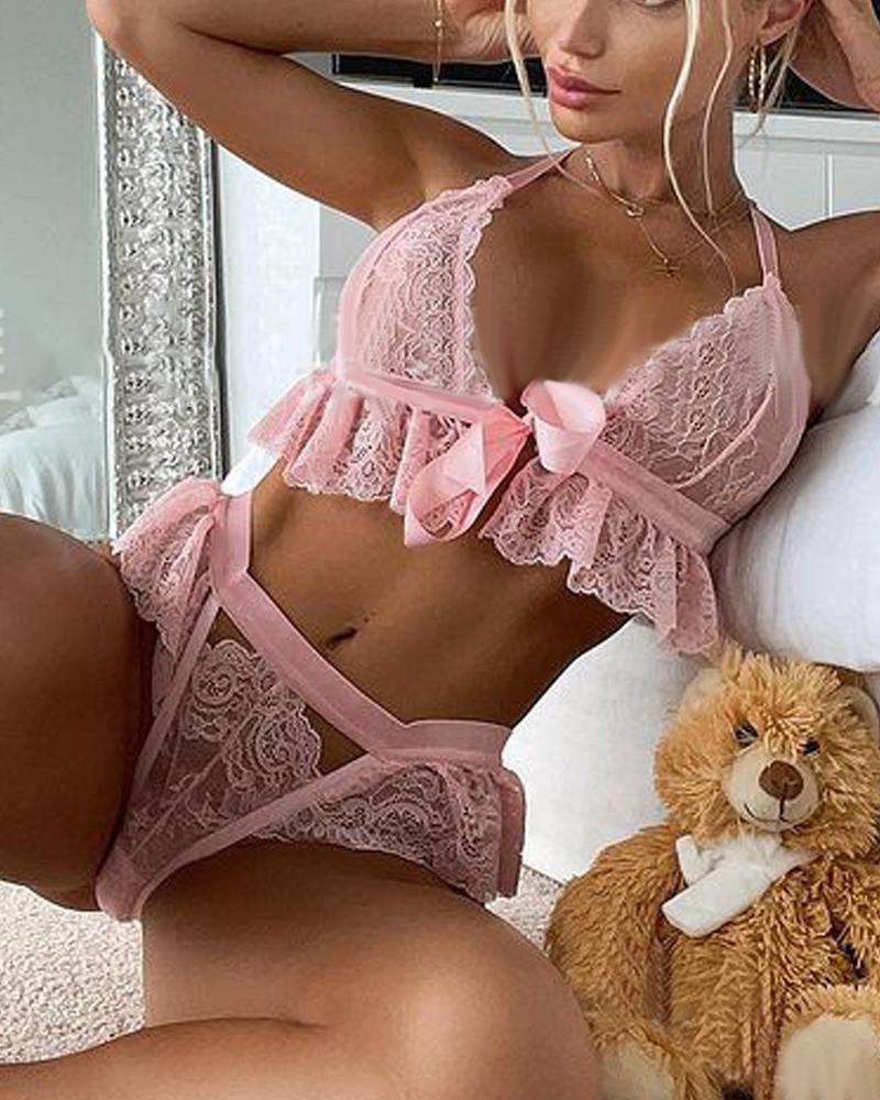 

Crisscross Ruffle Hem Lace Lingerie Set, Pink