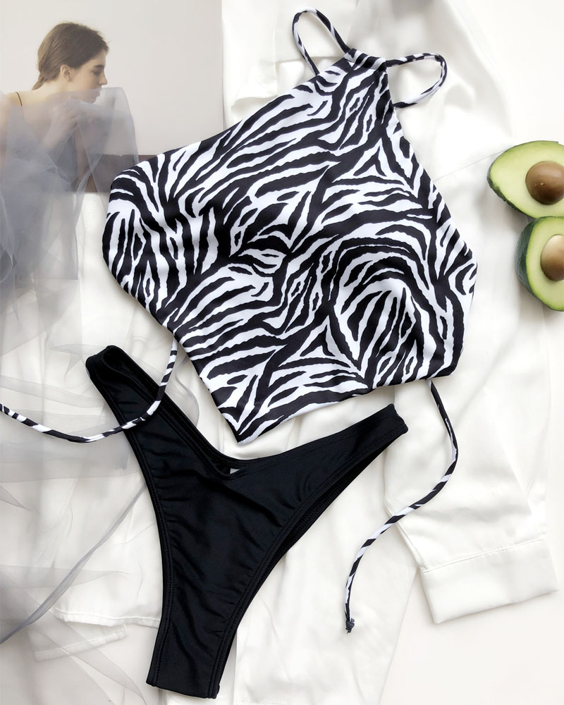 

Zebra Stripe Print Hanky Hem Bikini Set, Black