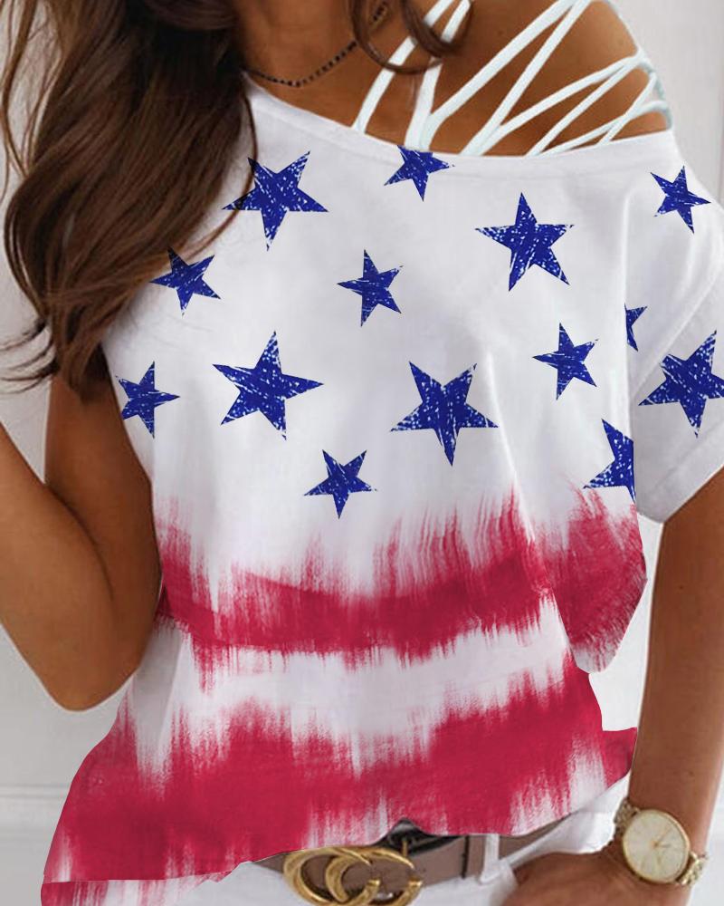 

Cold Shoulder Lace-up Flag Star Print T-shirt, Multicolor