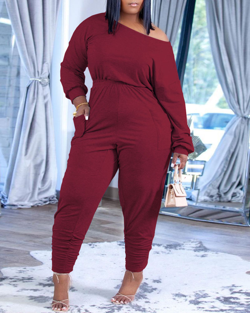 

Long Sleeve Casual Top & Ruched Pants Set, Wine red