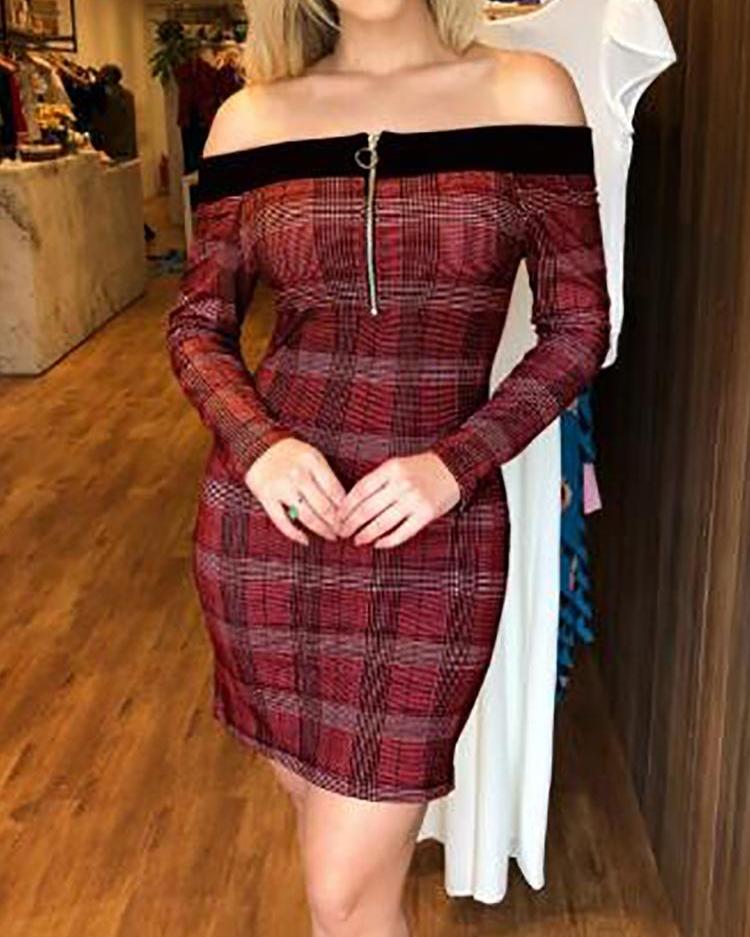 

Binding Plaid Print Zip Up Bodycon Dress, Red