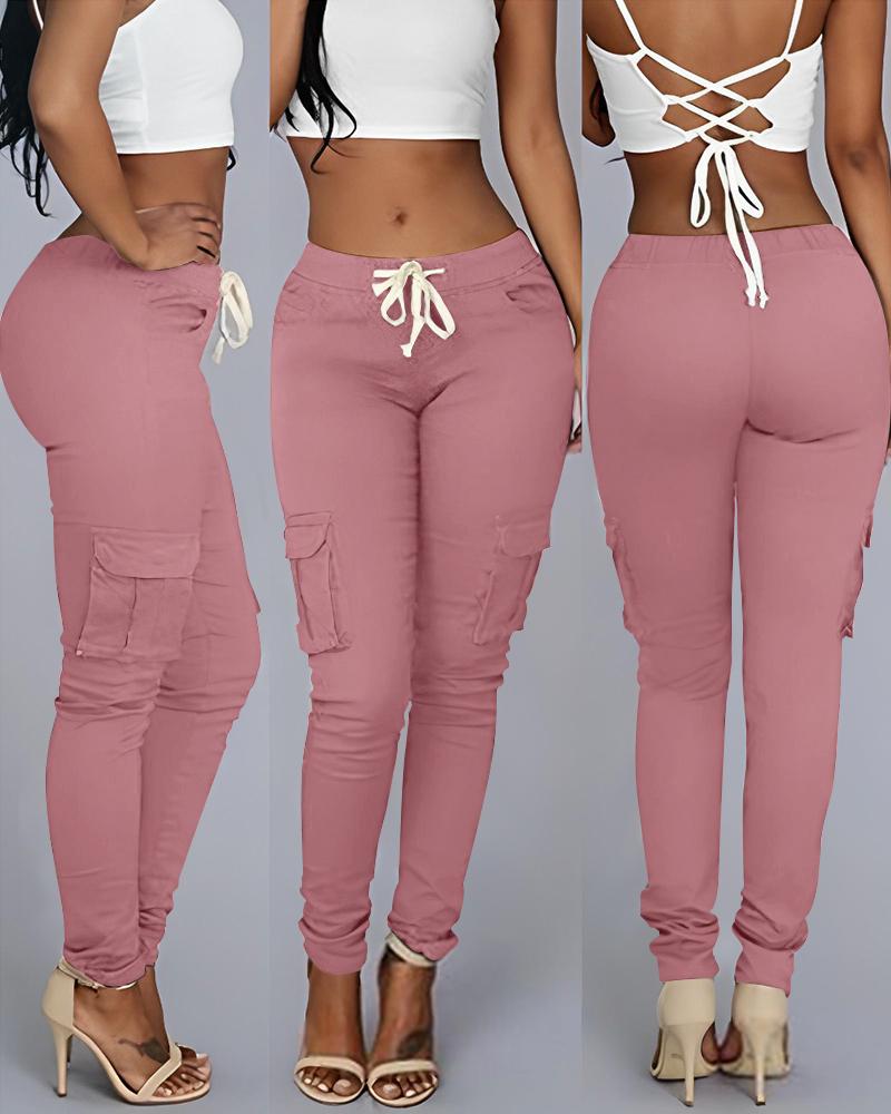 

Pocket Design Drawstring Casual Pants, Pink