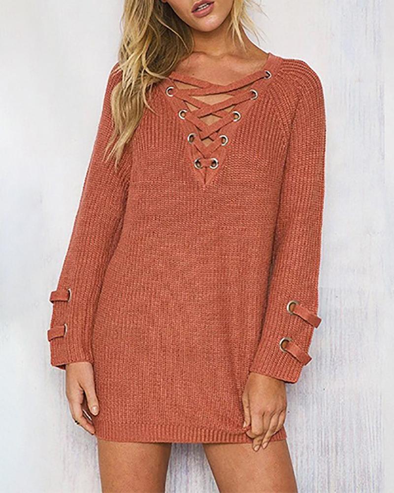 

Long Sleeve Eyelet Lace-up Knit Sweater Dress, Orange