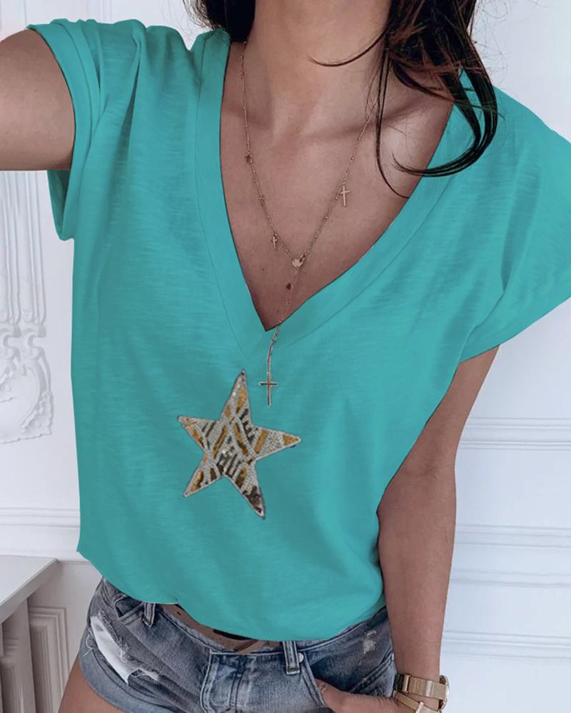 

Star Pattern Sequins V-neck T-shirt, Green