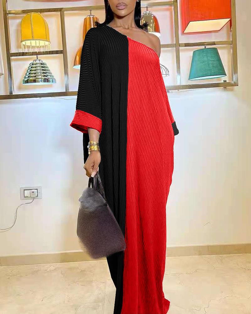 

Ribbed One Shoulder Long Sleeve Colorblock Maxi Dress, Black