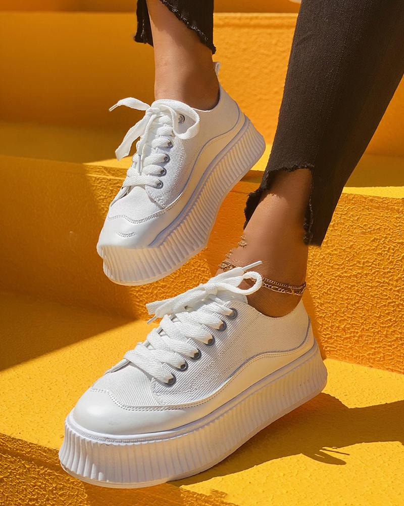 

Round-toe Zebra Stripe Lace-up Platform Sneakers, White