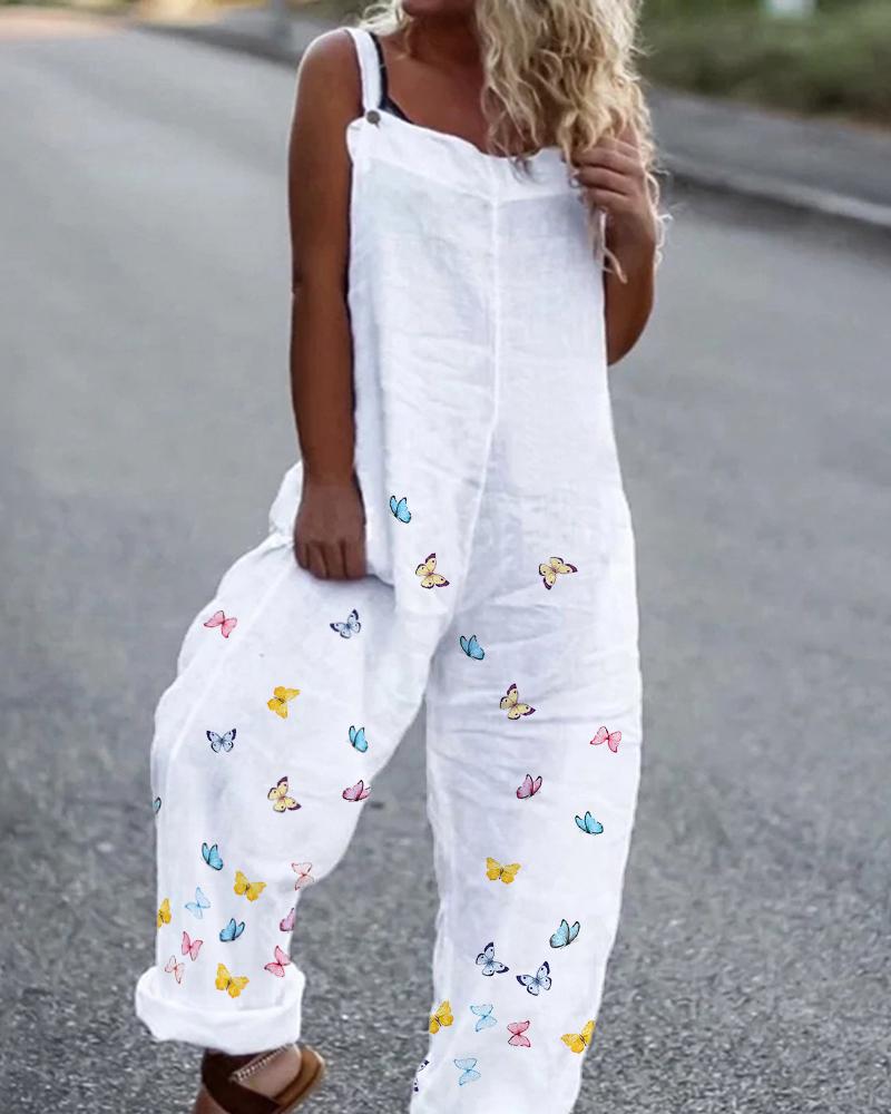 

Butterfly Print Casual Suspender Jumpsuit, White