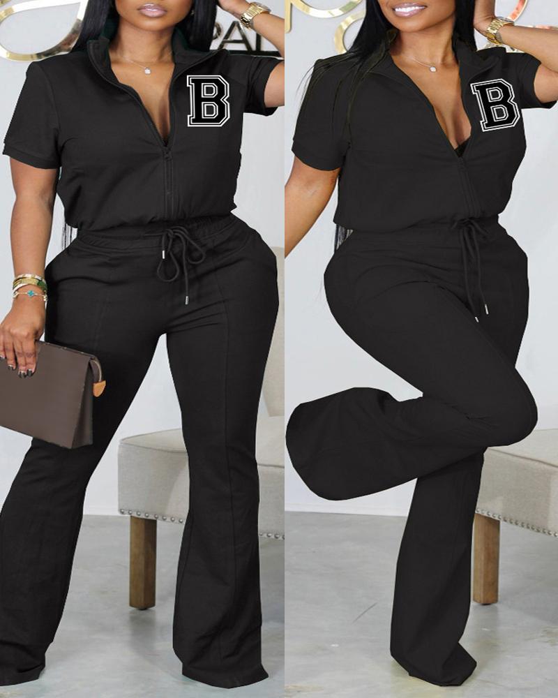 

Plus Size Letter Print Zip Up Top & Drawstring Pants Set, Black