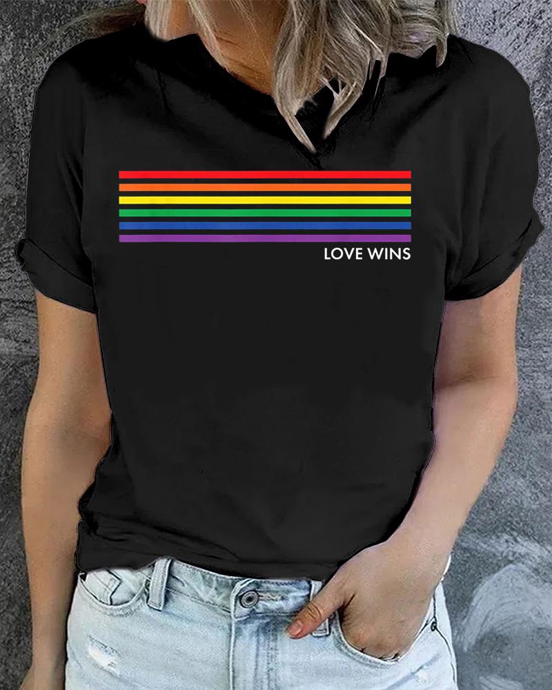 

Pride Month Rainbow Stripe Love Wings Print Crew Neck T-shirt, Black