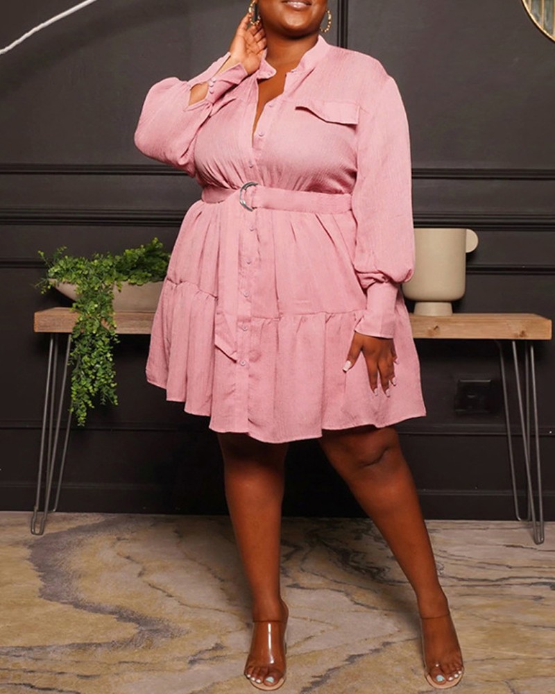 Plus Size Long Sleeve Ruffle Hem Belted Shirt Dress