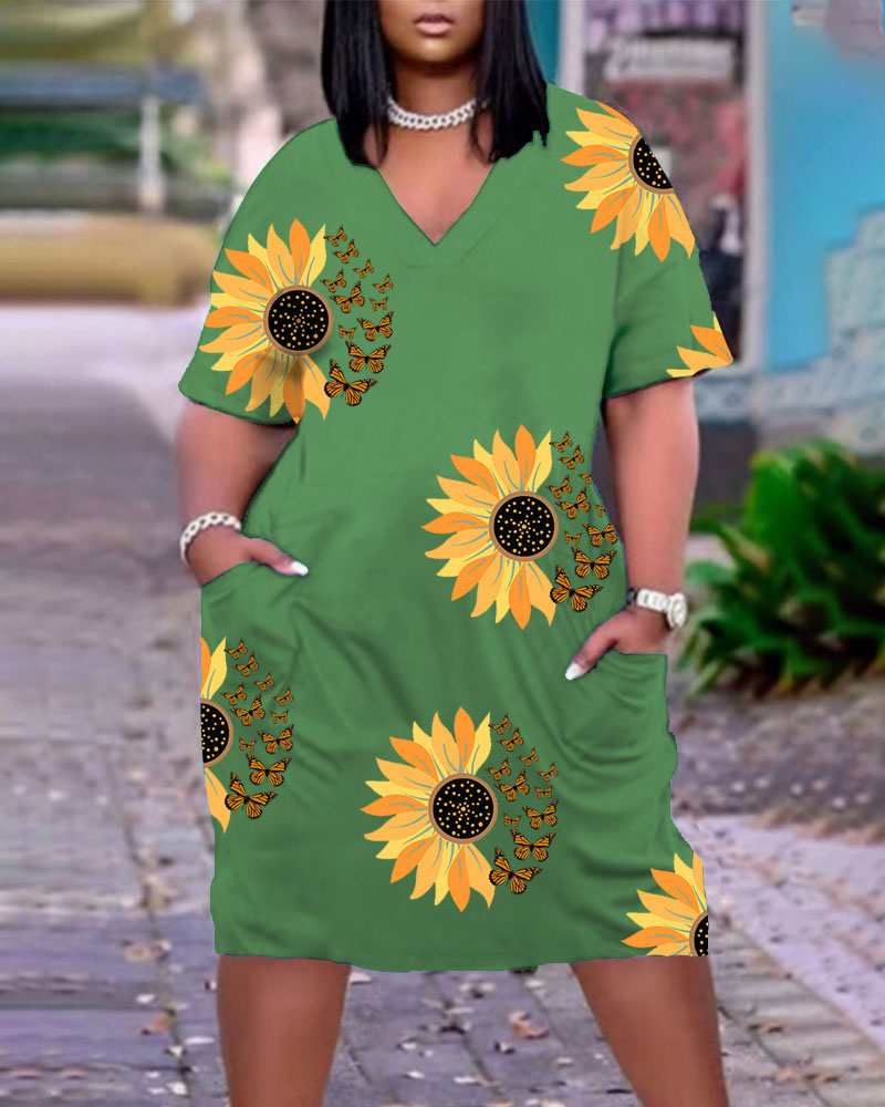 

Plus Size Sunflower Butterfly Print Casual Dress, Green