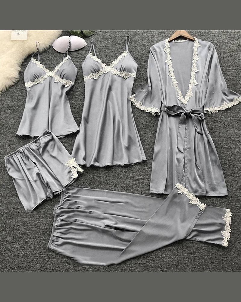 

Eyelash Lace Cami & Robe 5PCS Set, Gray