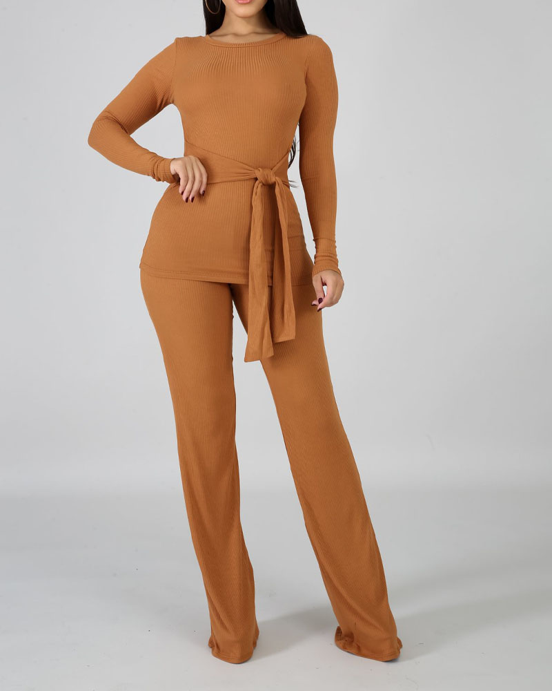 

Ribbed Long Sleeve Tie Front Top & Bootcut Pants Set, Khaki