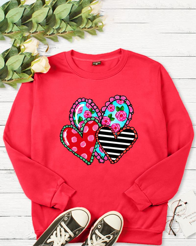 

Valentine' Day Heart Striped Floral Print Top, Red