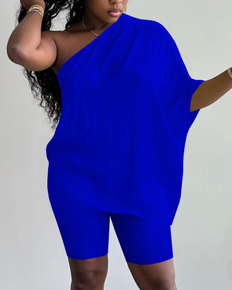 

One Shoulder Casual Top & Shorts Set, Blue