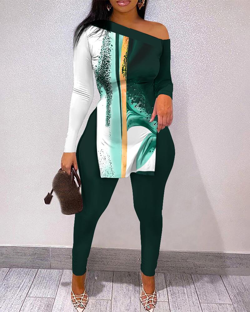 

Tie Dye Print Skew Neck Split Hem Top & Pants Set, Green