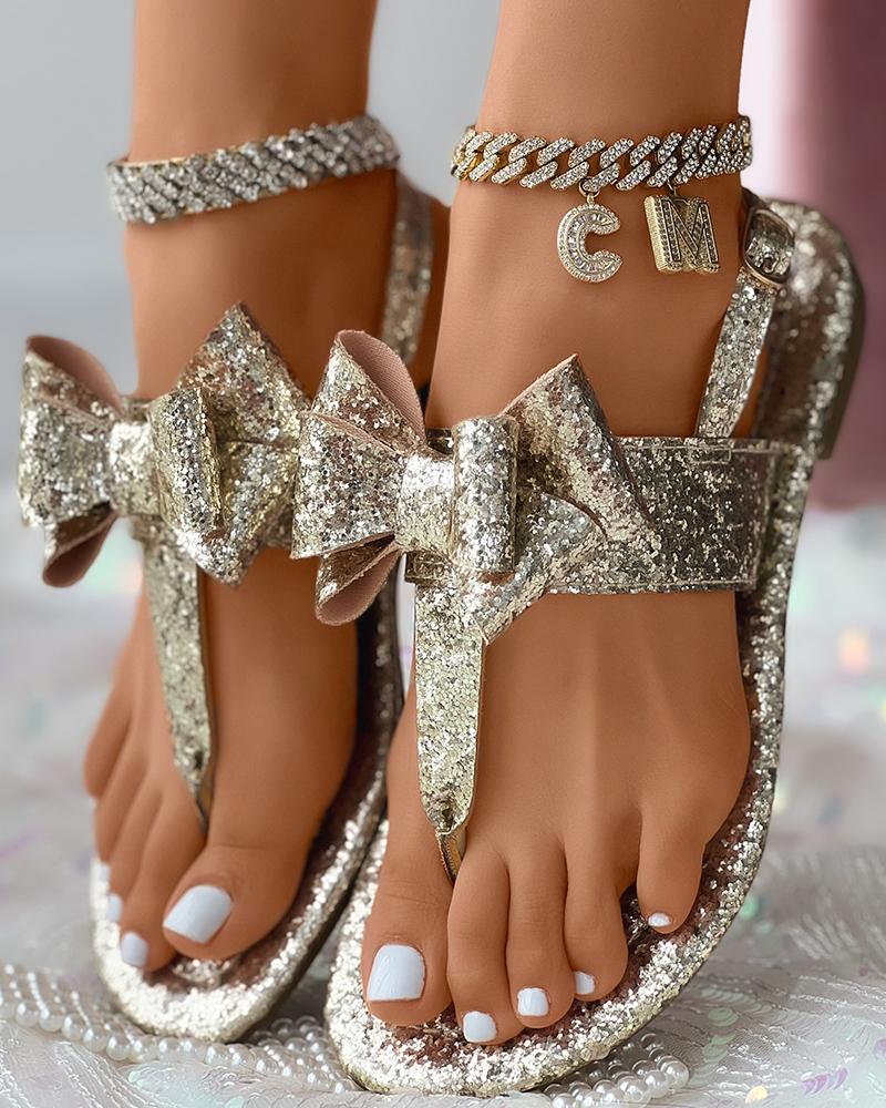 

Sequin Bowknot Decor Flip Flops Wedding Guest Shoes, Gold