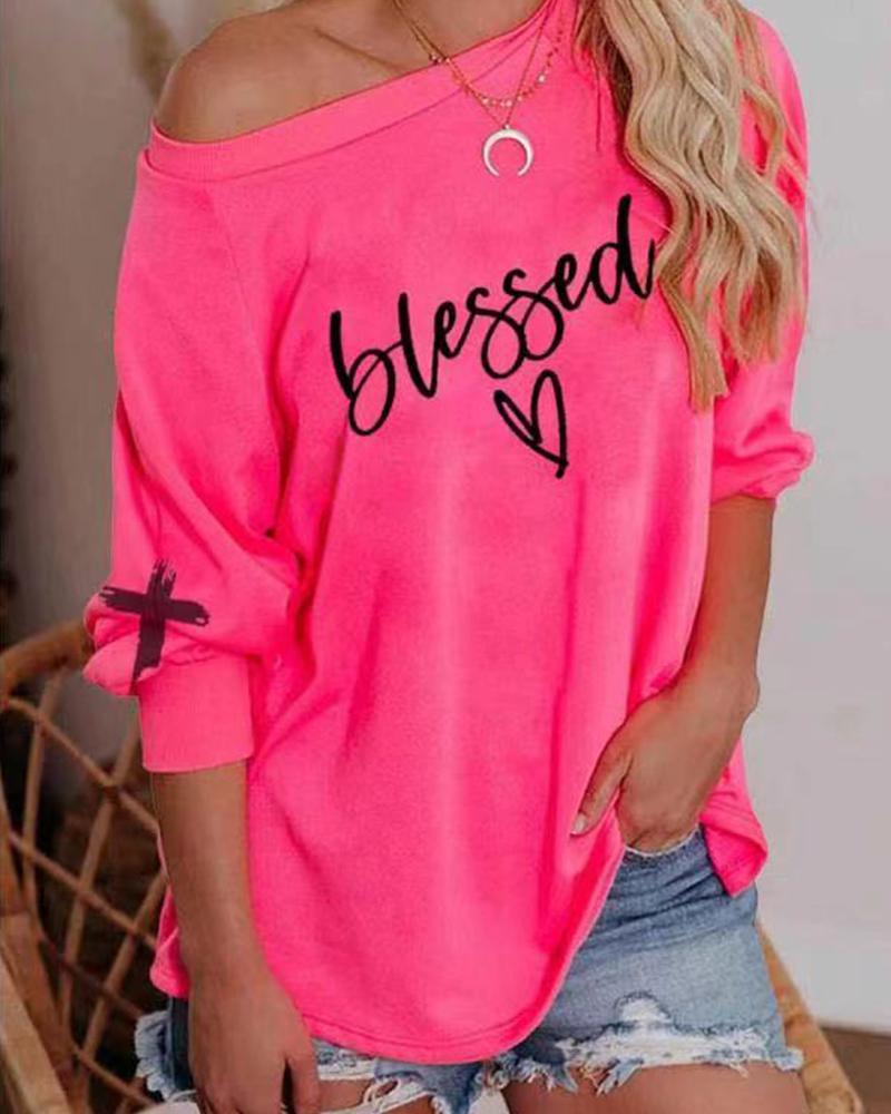 

Letter Heart Print Long Sleeve Sweatshirt, Pink