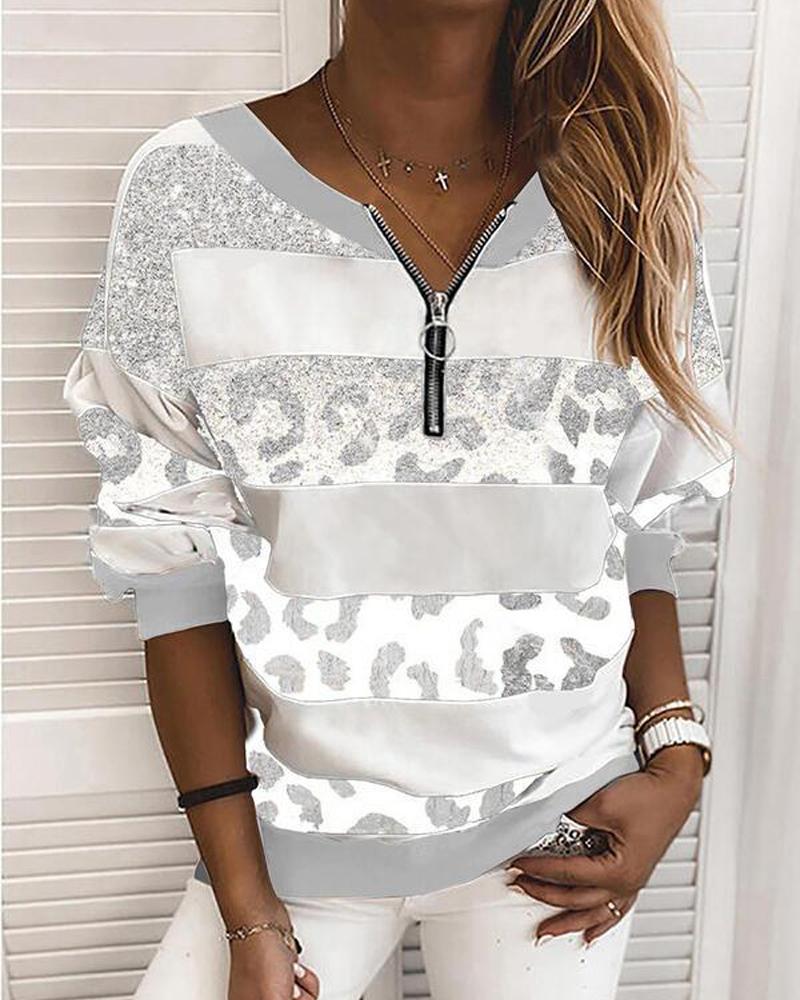 

Striped Glitter Print Zip Front Long Sleeve Top, Gray