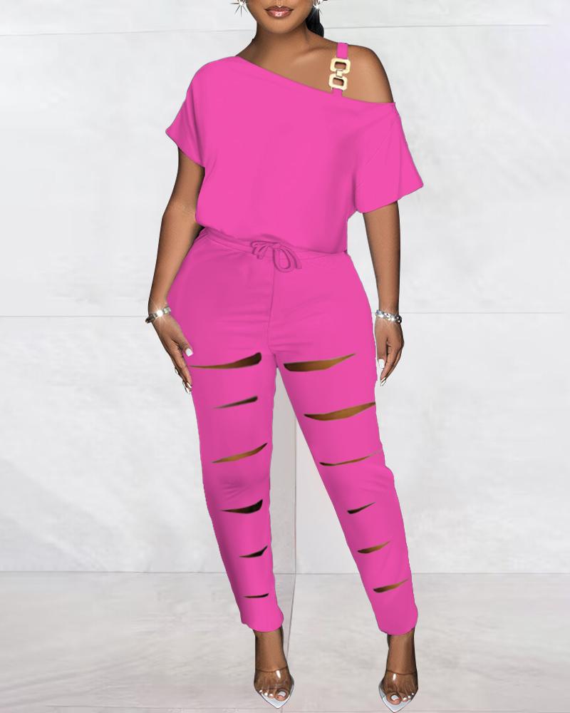 

Cold Shoulder Ladder Cutout Jumpsuit, Hot pink