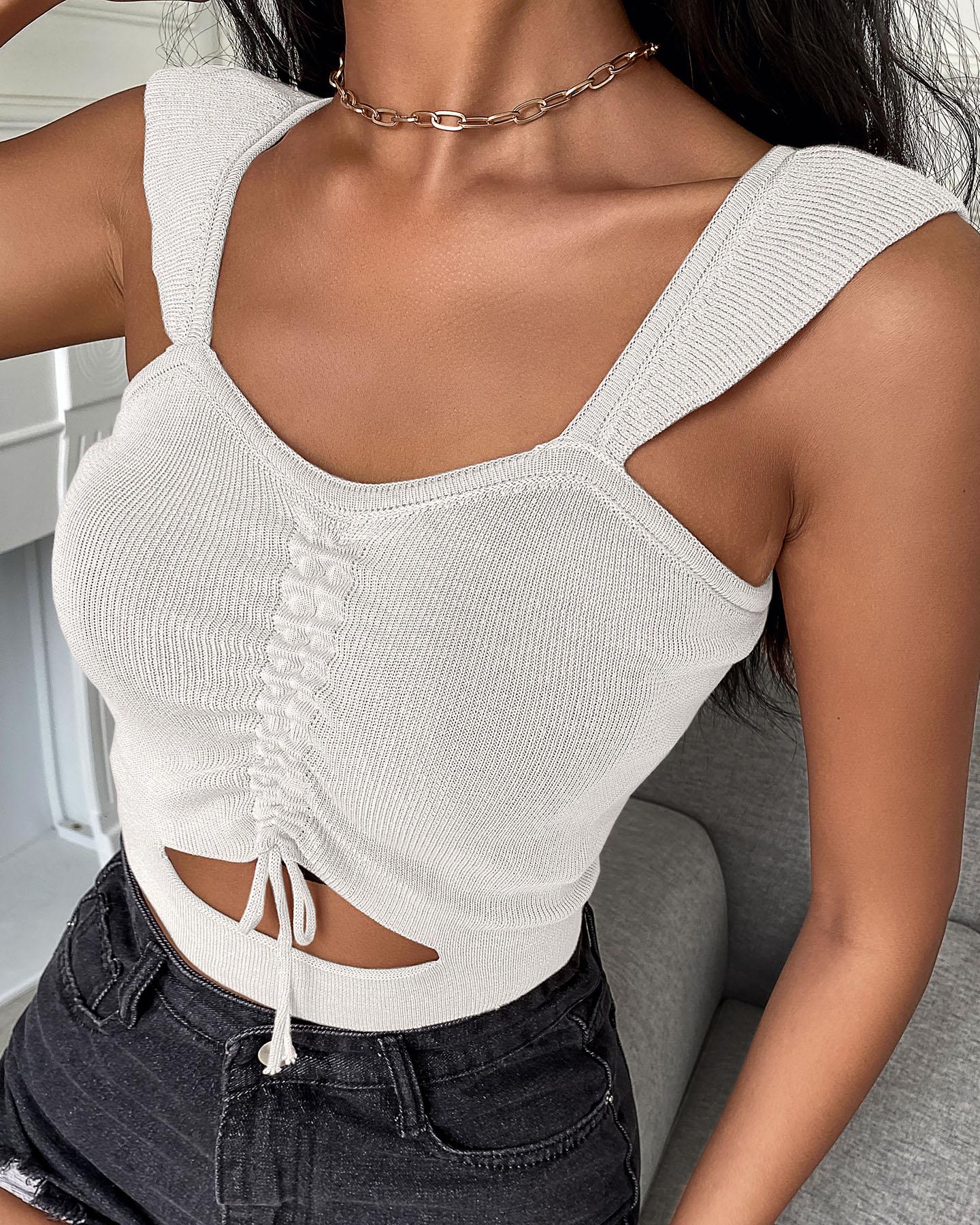 

Plain Thick Strap Drawstring Tank, White