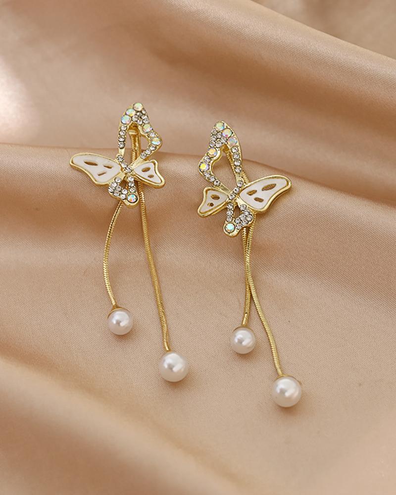 

Butterfly Rhinestone Decor Tassel Pearl Earrings, Gold