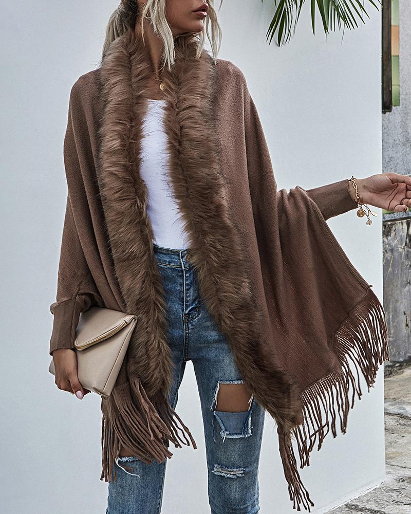 

Open Front Tassel Design Fur Collar Cape Coat, Dark brown