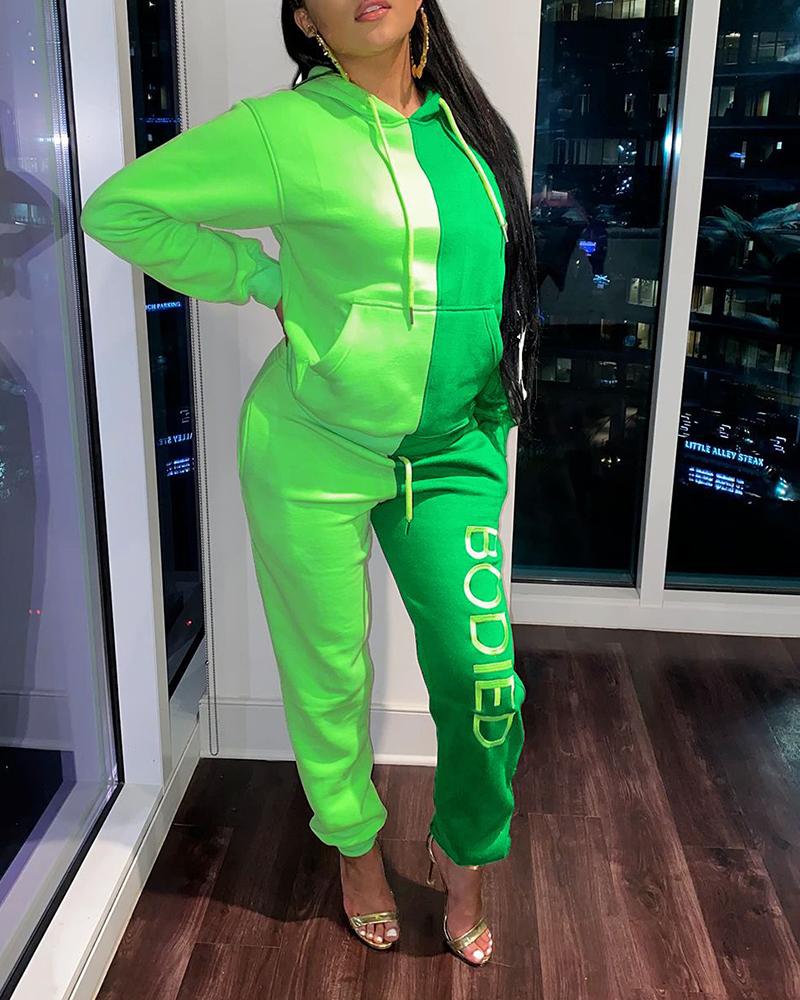 

Colorblock Pocket Design Hooded Top & Letter Print Pants Set, Green