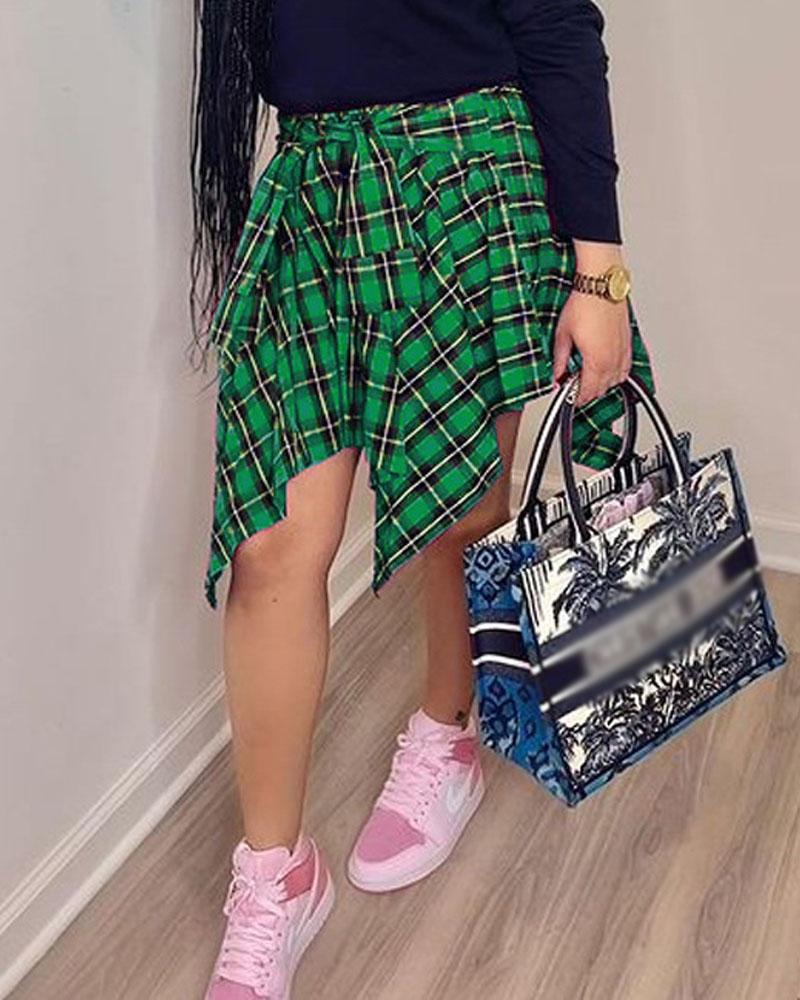 

Plaid Print Tied Detail Asymmetrical Skirt, Green
