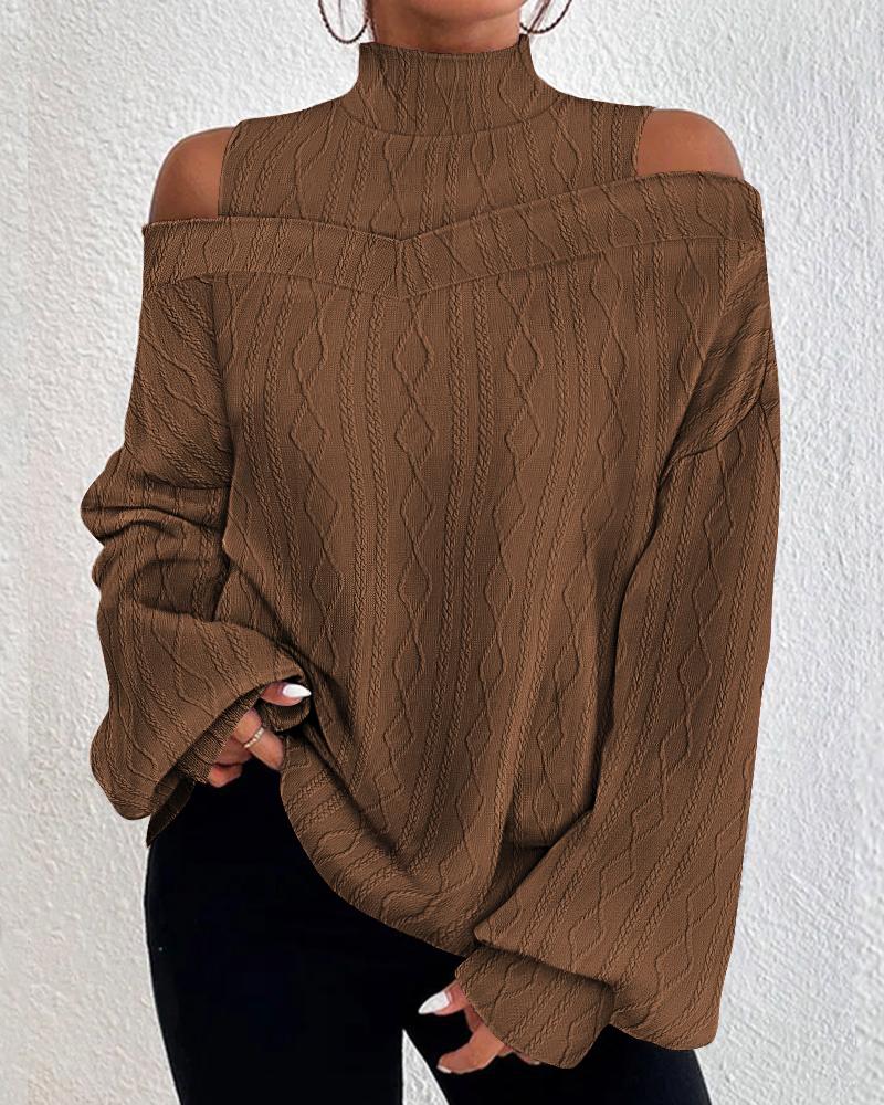 

Lantern Sleeve Cold Shoulder Cable Textured Top, Brown