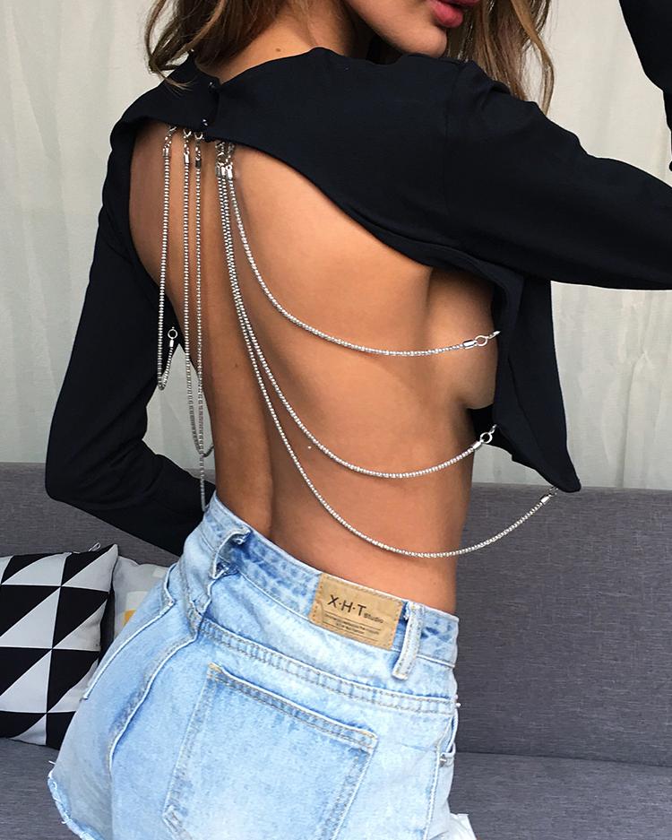 

Chains Embellished Open Back Cropped T-Shirt - Black