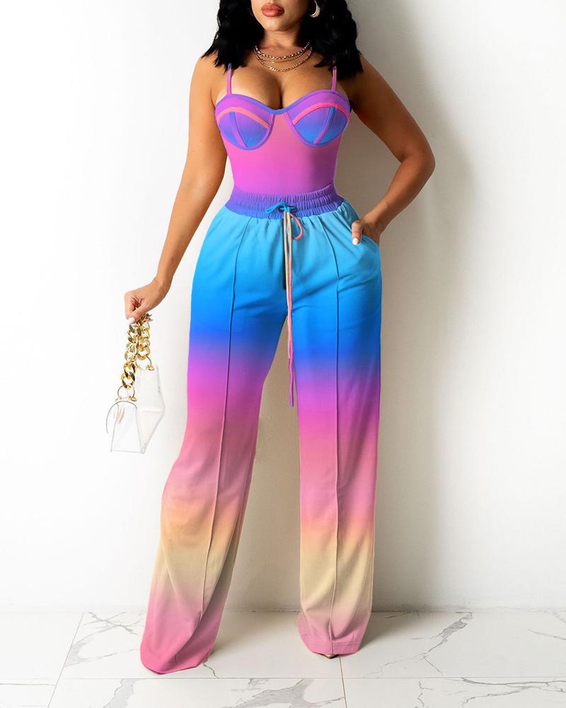 Ombre Cami Top & Wide Legs Contrast Pipping Pants Set