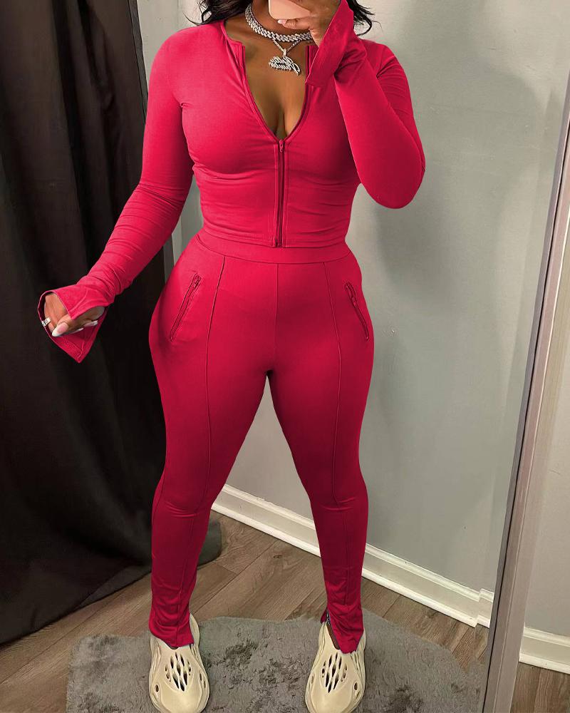

Split Hem Long Sleeve Zip Up Top & Pants Set, Hot pink