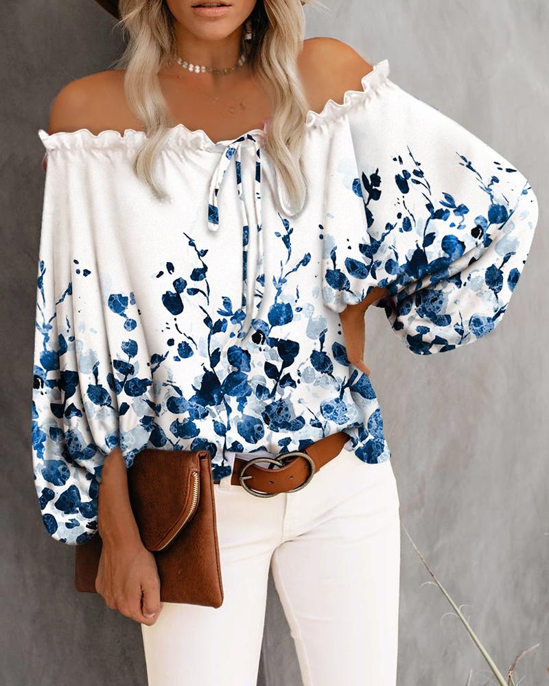 

Plants Print Off Shoulder Frill Hem Top, White