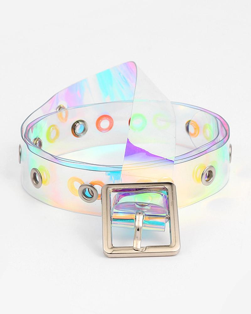 

Clear Holographic Square Buckle Belt, Silver