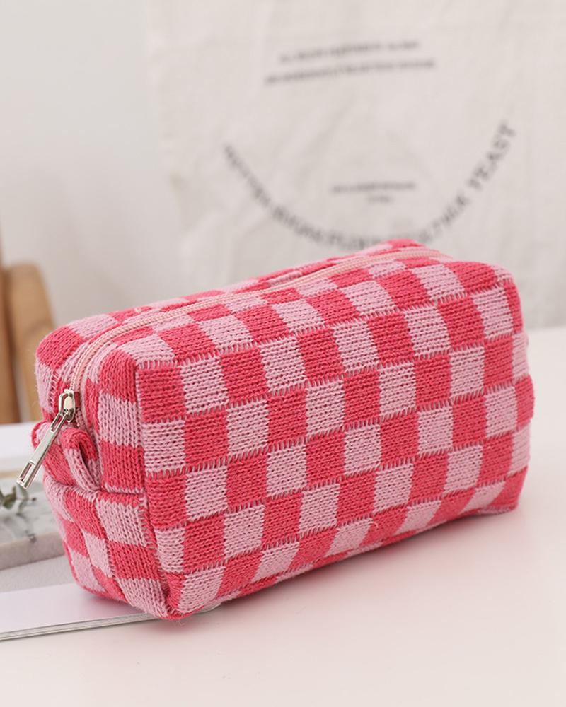 

Plaid Knitted Makeup Bag, Pink